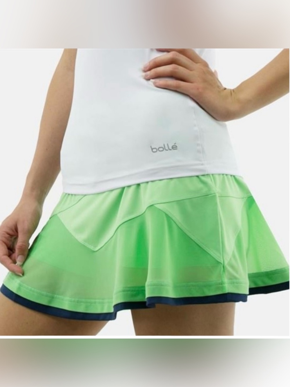bollé Neon Green Mesh Tennis Skirt Attached Shorts Navy Border Trim Womens XL
